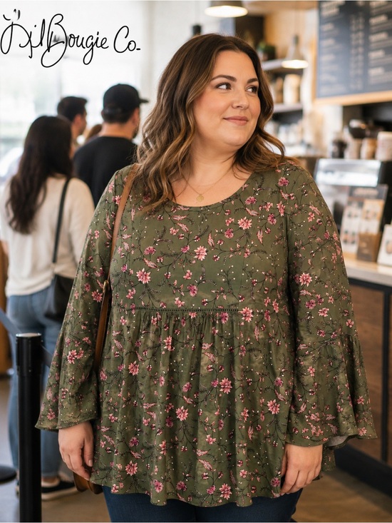 Westport Dresses & Skirts - Westport Olive Floral Ruffled-Sleeve Peplum Top - Size L EUC